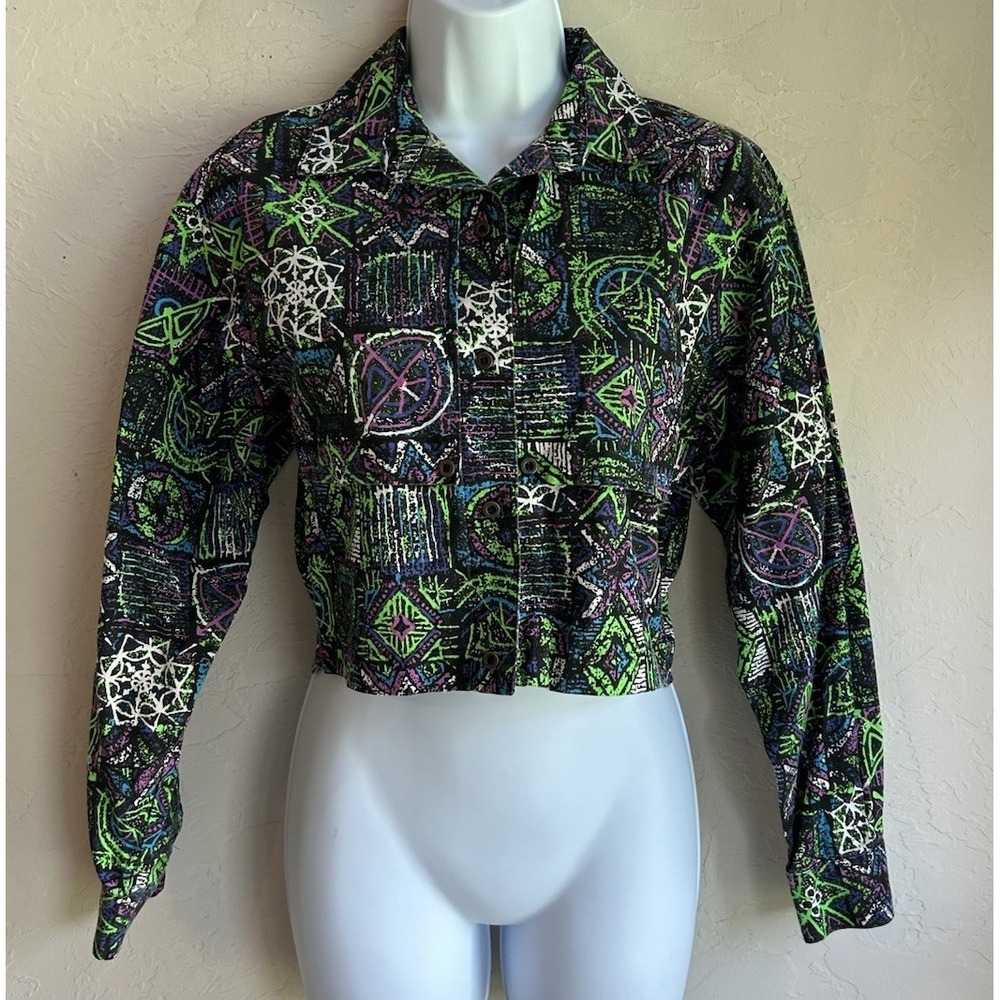 Vintage Banjo Dallas Cropped Button Up Top M Neon Maximalist Rave Grunge 80s 90s